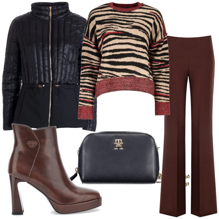 Outfit donna - Pranzo con i colleghi. Stile Casual chic per Tutti i giorni. Abbinamento con pantaloni a palazzo, piumini, maglieria, stivaletti, borse a tracolla.