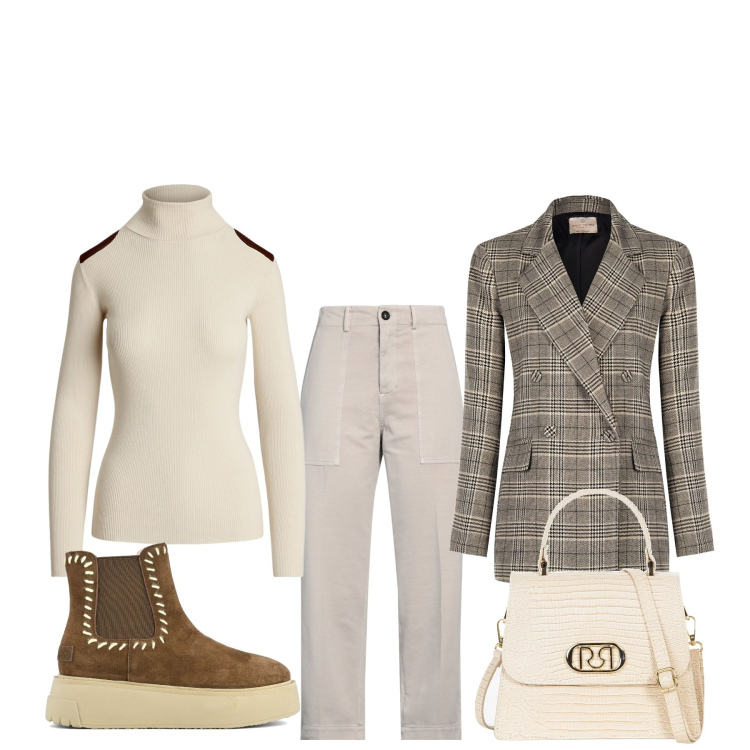 Outfit donna - In hotel con la giacca. Stile Glamour per Tutti i giorni. Abbinamento con pantaloni, blazer, borse a mano, maglieria, stivaletti.