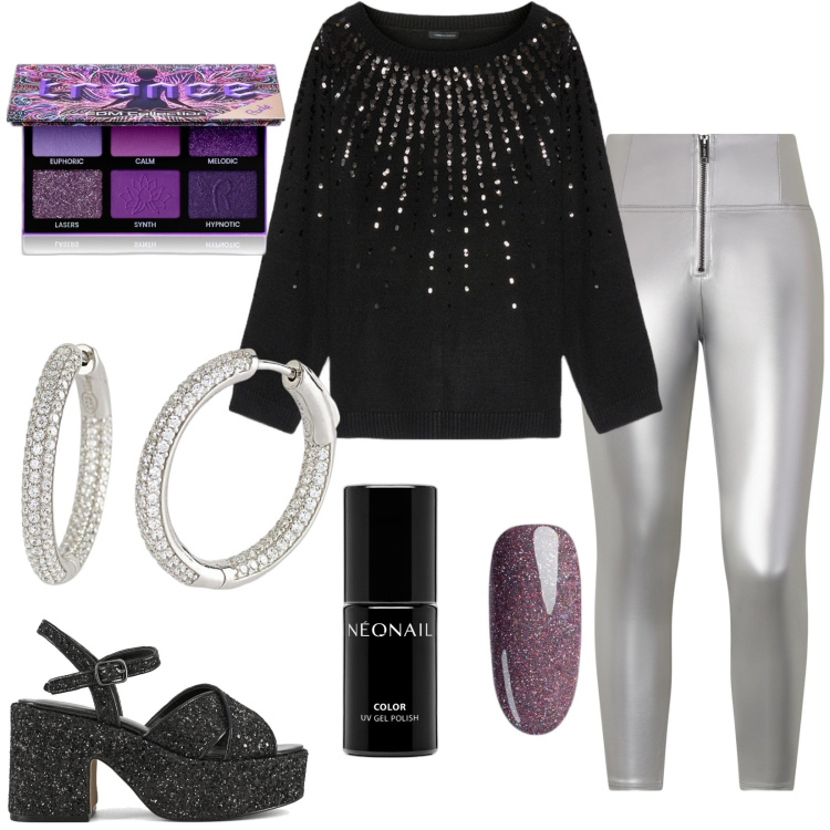 Outfit donna - Tocchi d\'argento e makeup viola. Stile Glamour per Serata fuori. Abbinamento con ombretti, smalti, orecchini, pantaloni skinny, maglieria, sandali.