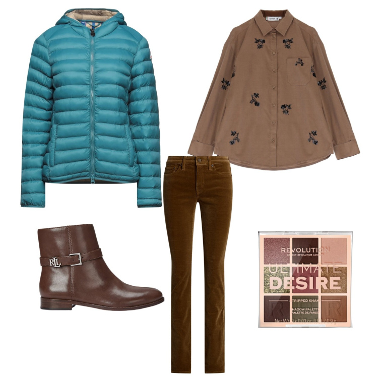 Outfit donna - Sul finale dell\' autunno. Stile Urban per Tutti i giorni. Abbinamento con piumini, ombretti, camicie, pantaloni, stivaletti.