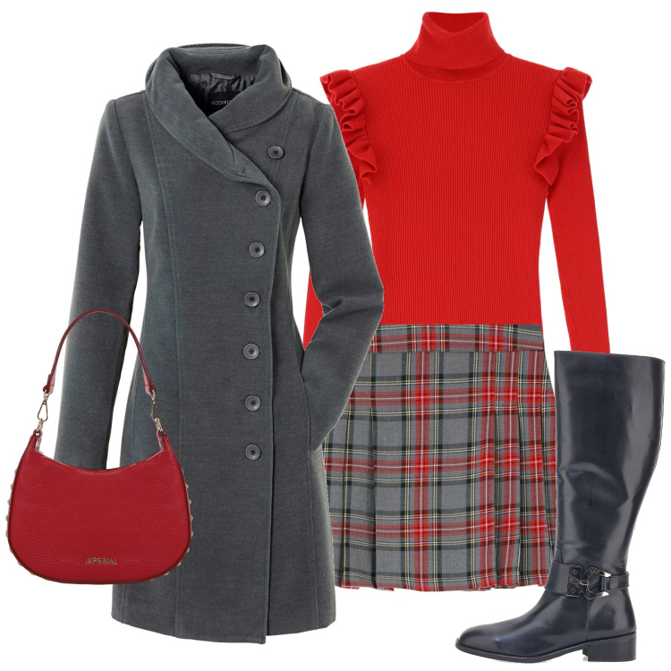 Outfit donna - La gonna fantasia check. Stile Trendy per Tutti i giorni. Abbinamento con cappotti, maglieria, minigonne, borse a spalla, stivali.