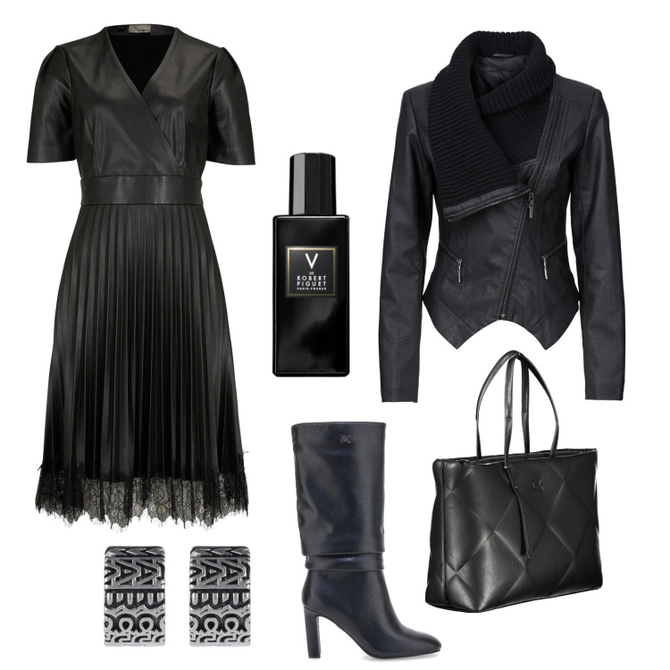 Outfit donna - Total black similpelle e pizzo. Stile Trendy per Serata fuori. Abbinamento con blazer, vestiti, profumi, stivali, orecchini, borse a spalla.