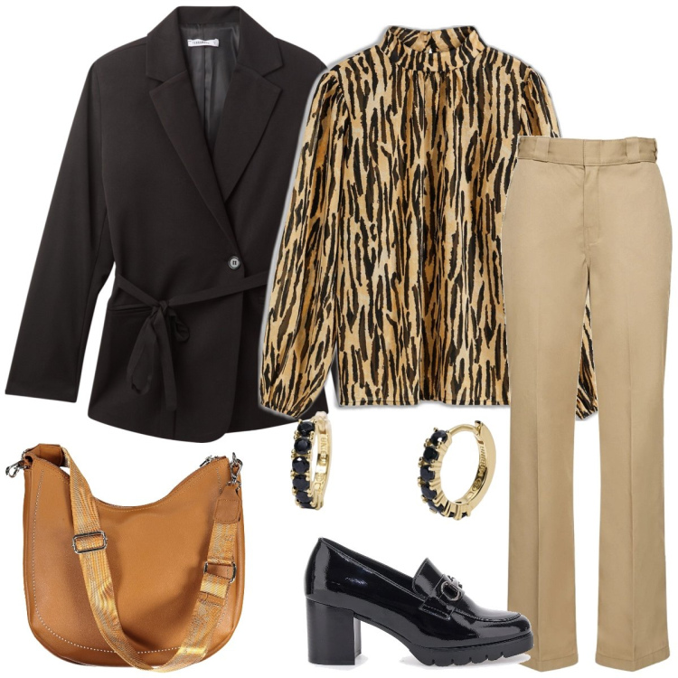 Outfit donna - Ufficio. Stile Chic per Ufficio. Abbinamento con bluse, blazer, orecchini, mocassini, pantaloni, borse a spalla.
