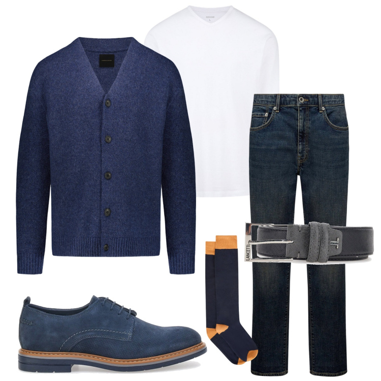 Outfit uomo - Basico. Stile Casual per Tutti i giorni. Abbinamento con cardigans, scarpe stringate, cinture, calzini, jeans, t-shirt.