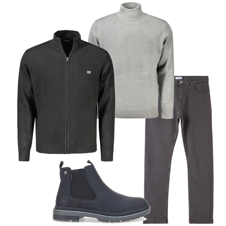 Outfit uomo - In ufficio. Stile Urban per Ufficio. Abbinamento con pantaloni, stivali e stivaletti, cardigans, maglieria.