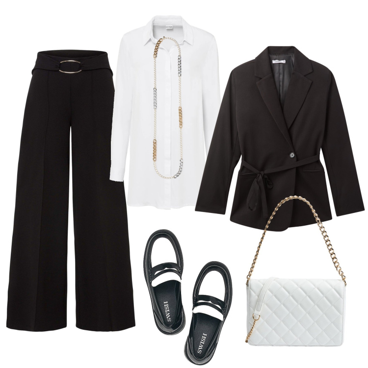 Outfit donna - I mocassini bicolore. Stile Glamour per Ufficio. Abbinamento con pantaloni a palazzo, camicie, blazer, borse a tracolla, mocassini, collane.