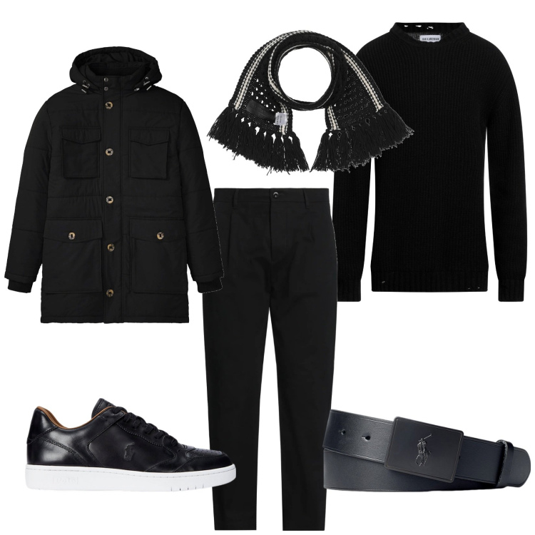 Outfit uomo - Total black. Stile Business/Elegante per Tutti i giorni. Abbinamento con parka, pantaloni, pullovers, sciarpe, cinture, sneakers.
