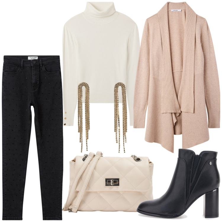 Outfit donna - Total look #2015173. Stile Casual chic per Tutti i giorni. Abbinamento con jeans skinny, orecchini, borse a spalla, cardigans, maglieria, stivaletti.