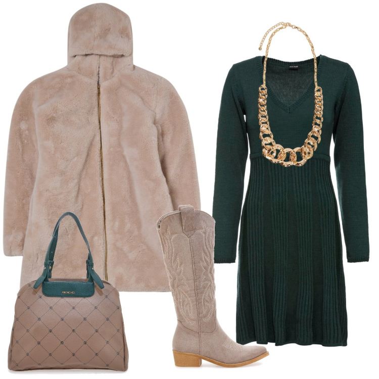 Outfit donna - In maglia. Stile Casual per Tutti i giorni. Abbinamento con vestiti, ecopellicce, stivali, borse a spalla, collane.