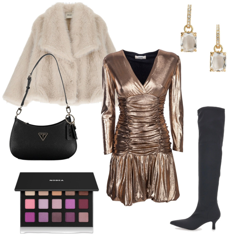 Outfit donna - Wrap dress: eleganza Focus curvy. Stile Glamour per Serata fuori. Abbinamento con ombretti, vestiti, ecopellicce, orecchini, stivali, borse a spalla.