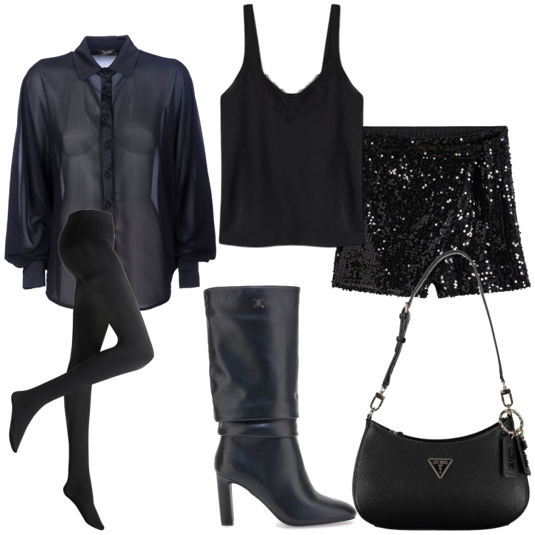 Outfit donna - Serata festa in discoteca. Stile Glamour per Serata fuori. Abbinamento con shorts, collant, camicie, stivali, top, borse a spalla.