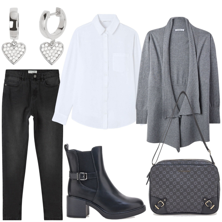 Outfit donna - Total look #2015182. Stile Basic per Tutti i giorni. Abbinamento con jeans skinny, cardigans, camicie, orecchini, stivaletti, borse a tracolla.