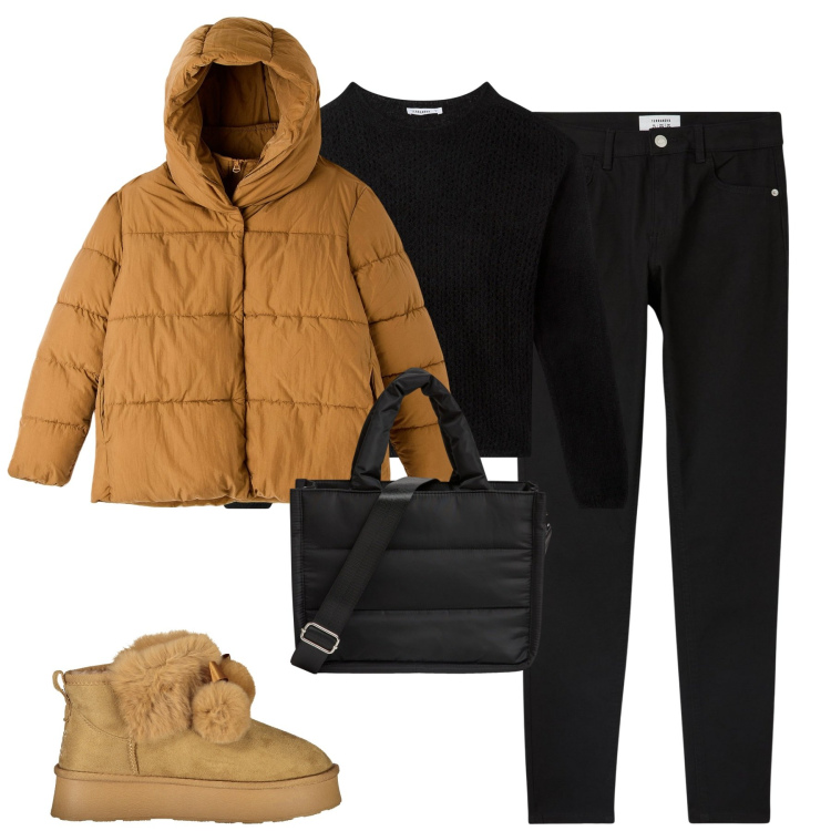 Outfit donna - Fa freddo. Stile Trendy per Tutti i giorni. Abbinamento con shopping bag, piumini, pantaloni skinny, maglieria, stivali.