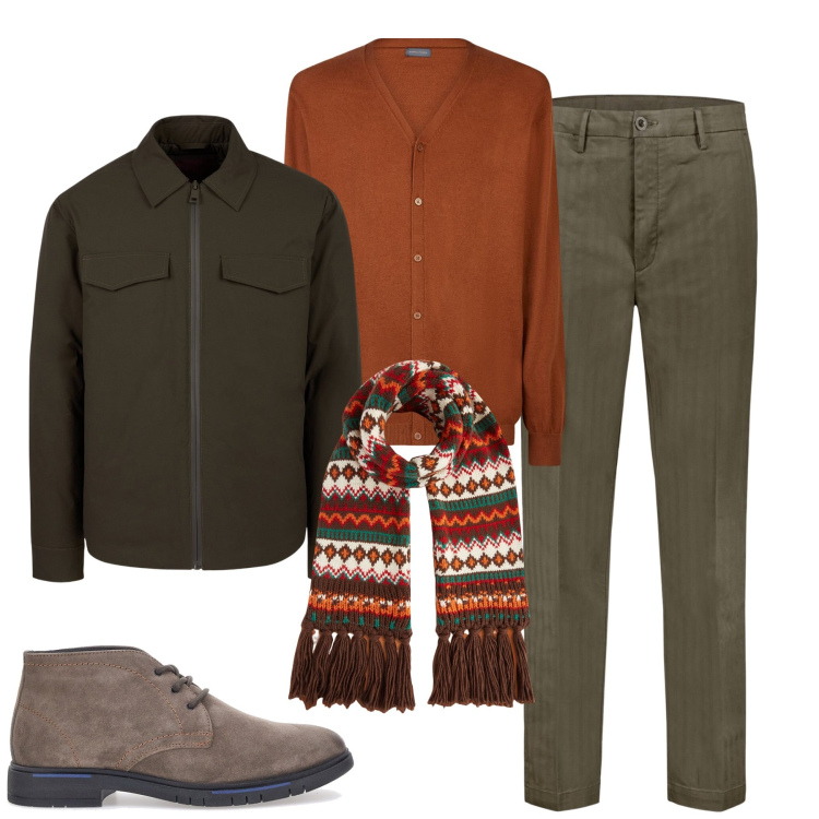 Outfit uomo - City. Stile Urban per Tutti i giorni. Abbinamento con scarpe stringate, piumini, pantaloni, sciarpe, cardigans.