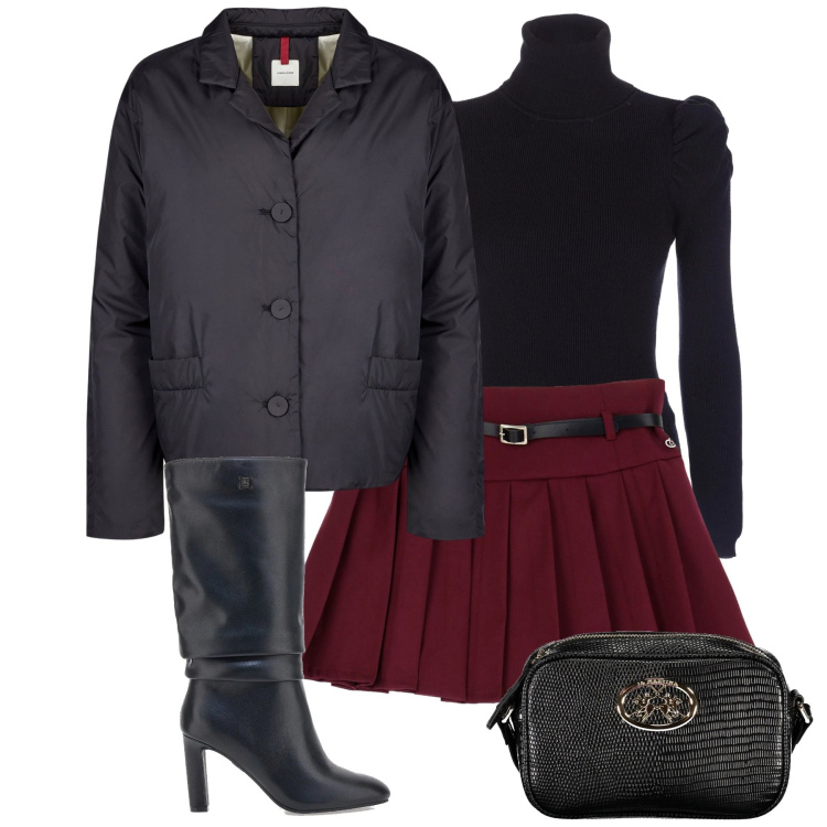 Outfit donna - Total look #2015214. Stile Trendy per Tutti i giorni. Abbinamento con maglieria, minigonne, stivali, blazer, borse a tracolla.