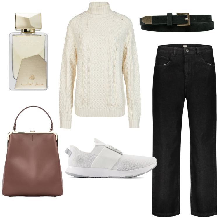 Outfit donna - White e minimal. Stile Minimal per Tutti i giorni. Abbinamento con sneakers, profumi, borse a spalla, jeans, maglieria, cinture.