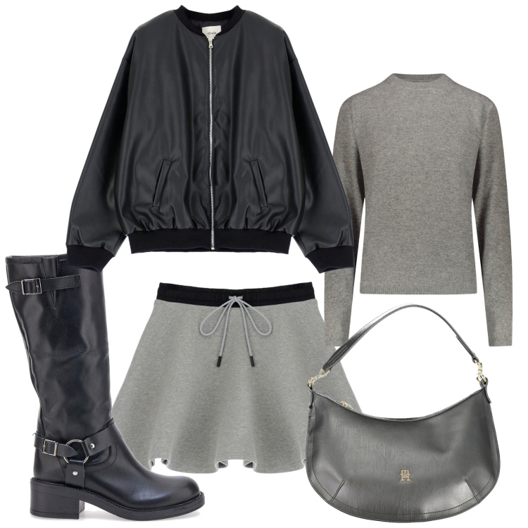 Outfit donna - Mini e stivali. Stile Urban per Serata fuori. Abbinamento con minigonne, bomber, stivali, pullovers, borse a spalla.