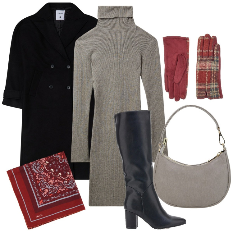 Outfit donna - Total look #2015227. Stile Casual chic per Tutti i giorni. Abbinamento con cappotti, vestiti corti, foulard, borse a spalla, guanti, stivali.