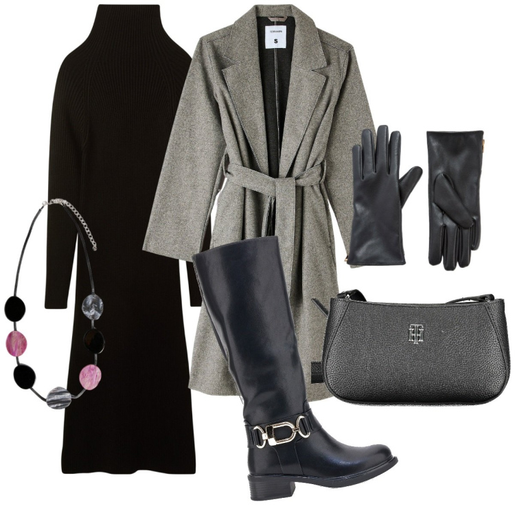 Outfit donna - Total look #2015229. Stile Casual chic per Tutti i giorni. Abbinamento con cappotti, guanti, vestiti midi/longuette, stivali, collane, borse a tracolla.