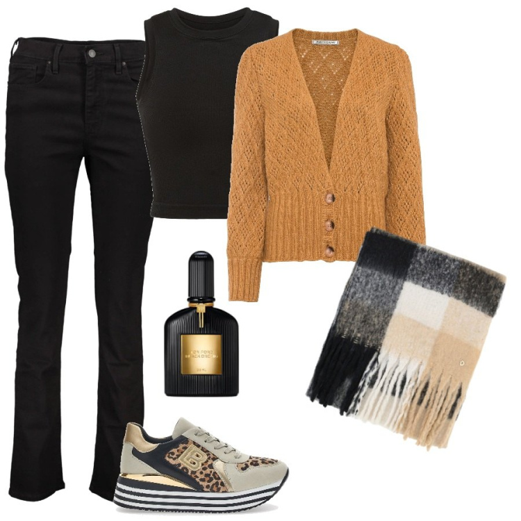 Outfit donna - In ufficio. Stile Casual chic per Ufficio. Abbinamento con cardigans, profumi, stole, sneakers, jeans dritti, canottiere.