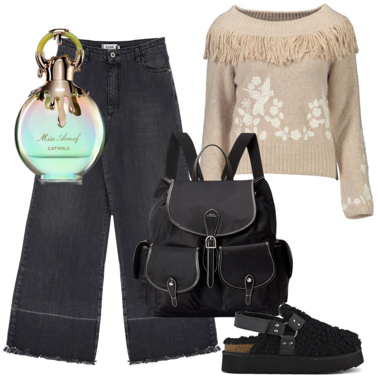 Outfit donna - Total look #2015235. Stile Etnico per Tutti i giorni. Abbinamento con profumi, jeans, zaini, maglieria, sabot.