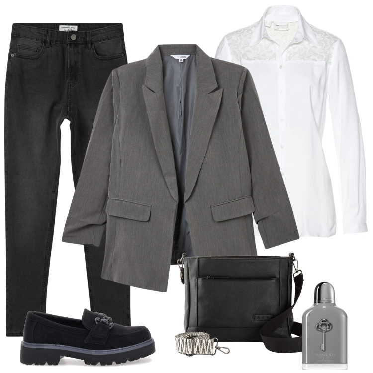 Outfit donna - Total look #2015236. Stile Casual per Ufficio. Abbinamento con borse a tracolla, camicie, profumi, jeans skinny, blazer, mocassini.