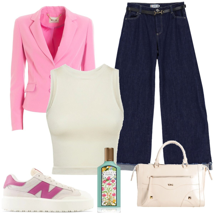 Outfit donna - Casual day. Abbinamento con borse a mano, profumi, sneakers, jeans, blazer, canottiere.