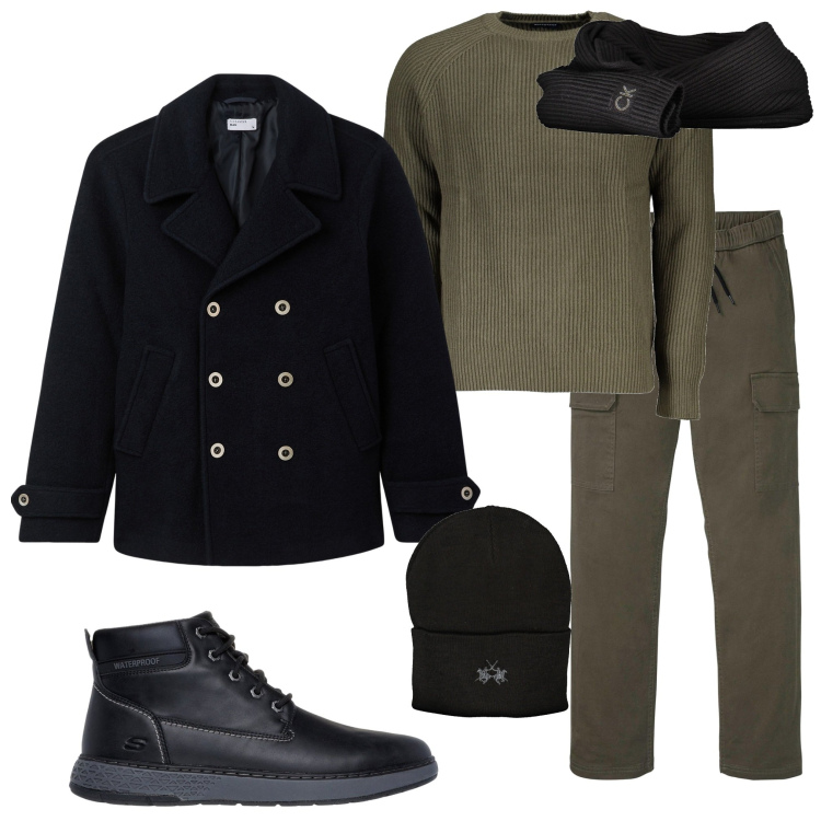 Outfit uomo - In città. Stile Urban per Tutti i giorni. Abbinamento con pantaloni cargo, cappotti, stivali e stivaletti, berretti, sciarpe, maglieria.