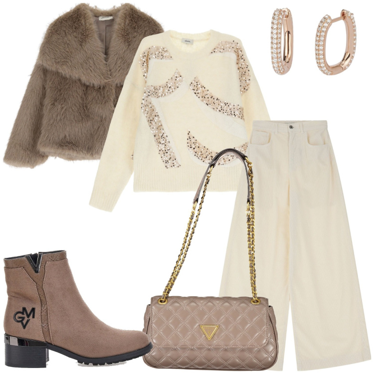 Outfit donna - In bianco e marrone chiaro. Stile Glamour per Tutti i giorni. Abbinamento con orecchini, maglieria, ecopellicce, pantaloni a palazzo, stivaletti, borse a spalla.