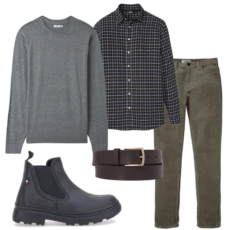 Outfit uomo - In ufficio. Stile Casual per Ufficio. Abbinamento con pantaloni, camicie, maglieria, cinture, stivali e stivaletti.