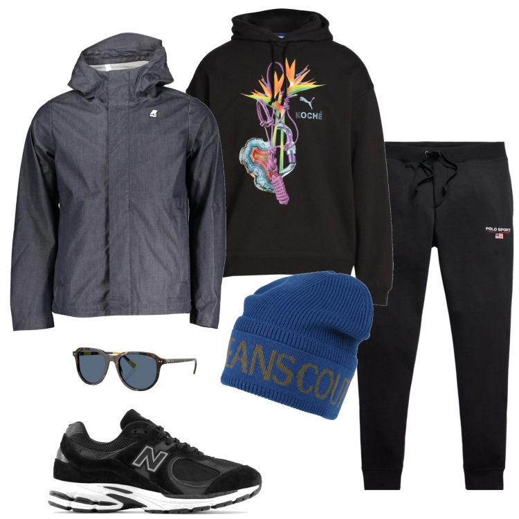 Outfit uomo - Domenica mattina. Stile Casual per Tutti i giorni. Abbinamento con cappelli, felpe con cappuccio, sneakers, occhiali da sole, pantaloni, giacche sportive.