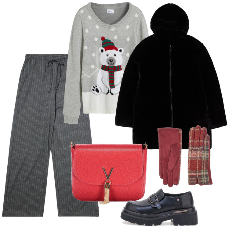 Outfit donna - Christmas is coming. Stile Casual per Tutti i giorni. Abbinamento con maglieria, pantaloni, ecopellicce, mocassini, guanti, borse a spalla.