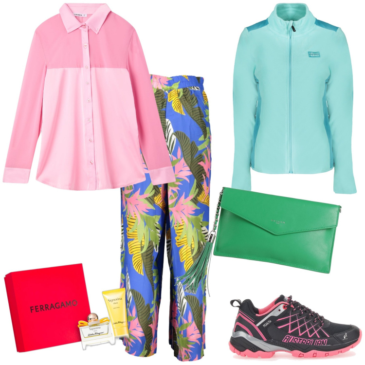 Outfit donna - Super colorata. Stile Trendy per Tutti i giorni. Abbinamento con borse a mano, profumi, camicie, stivaletti, pantaloni, felpe.