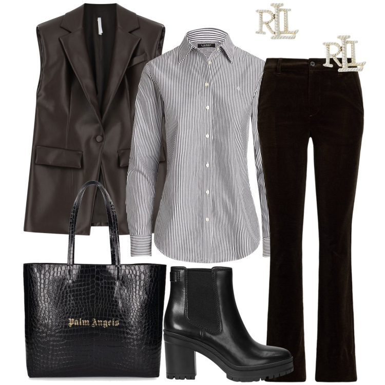 Outfit donna - Il gilet in pelle. Stile Trendy per Ufficio. Abbinamento con gilet, orecchini, camicie, stivaletti chelsea, pantaloni, shopping bag.