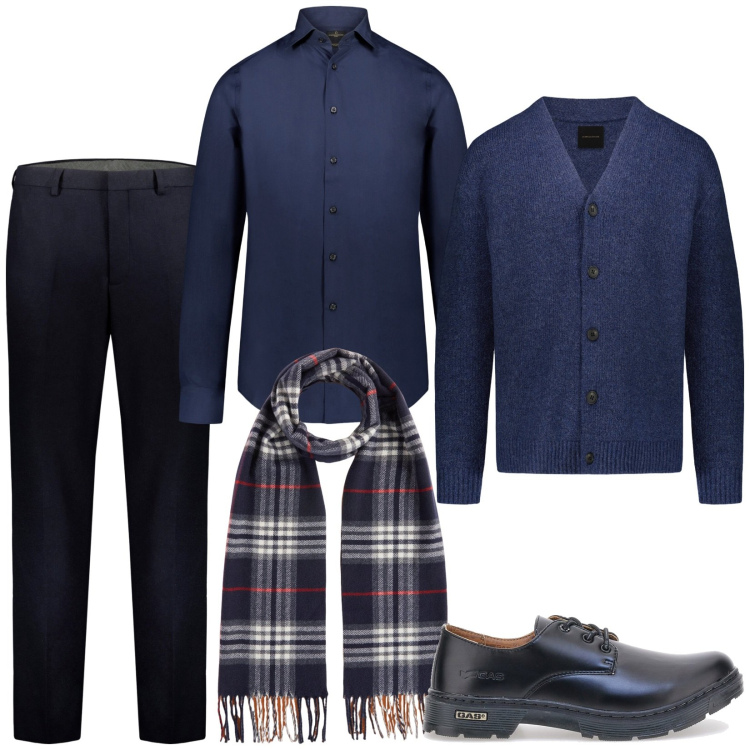 Outfit uomo - Cene per le festività invernali. Stile Business/Elegante per Serata speciale. Abbinamento con pantaloni, cardigans, camicie, sciarpe, scarpe stringate.