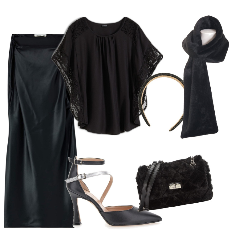 Outfit donna - La sciarpa pelosa. Stile Chic per Serata fuori. Abbinamento con bluse, vestiti corti, borse a spalla, cerchietti, foulard, décolleté.