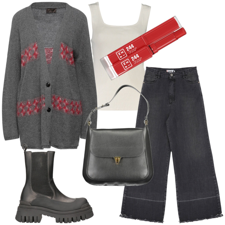 Outfit donna - Total look #2015359. Stile Urban per Tutti i giorni. Abbinamento con cardigans, stivaletti chelsea, rossetti, jeans, borse a spalla, canottiere.