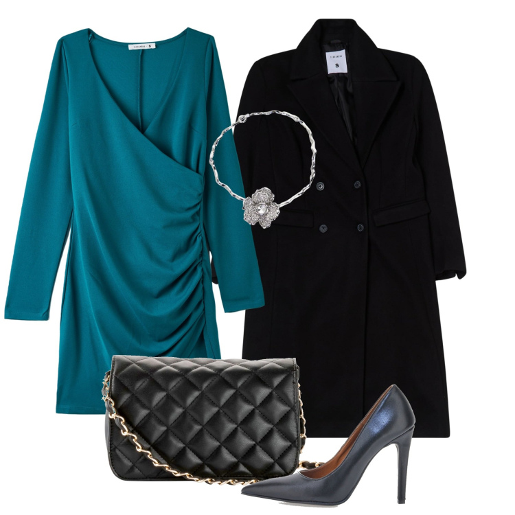 Outfit donna - Cena prefestiva con i colleghi. Stile Chic per Serata fuori. Abbinamento con borse a tracolla, vestiti corti, cappotti, collane, décolleté.