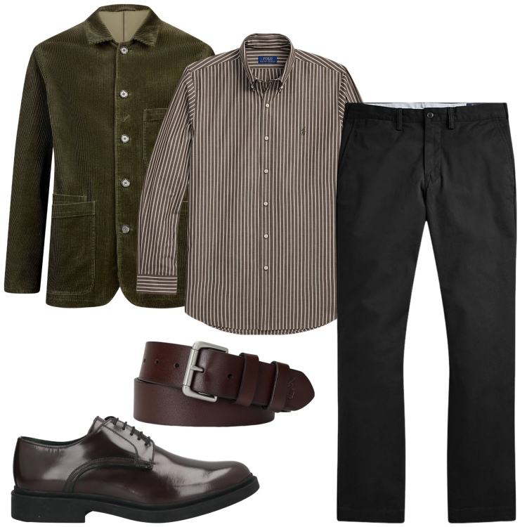 Outfit uomo - La camicia a righe. Stile Business/Elegante per Serata speciale. Abbinamento con scarpe stringate, cinture, pantaloni, camicie, giacche.