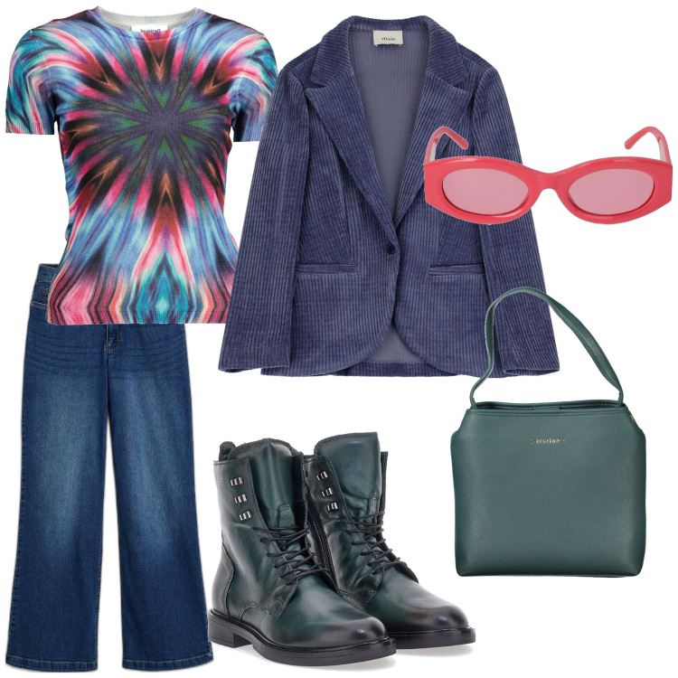 Outfit donna - Dicembre a colori. Stile Trendy per Tutti i giorni. Abbinamento con jeans, blazer, anfibi, borse a spalla, occhiali da sole, maglieria.