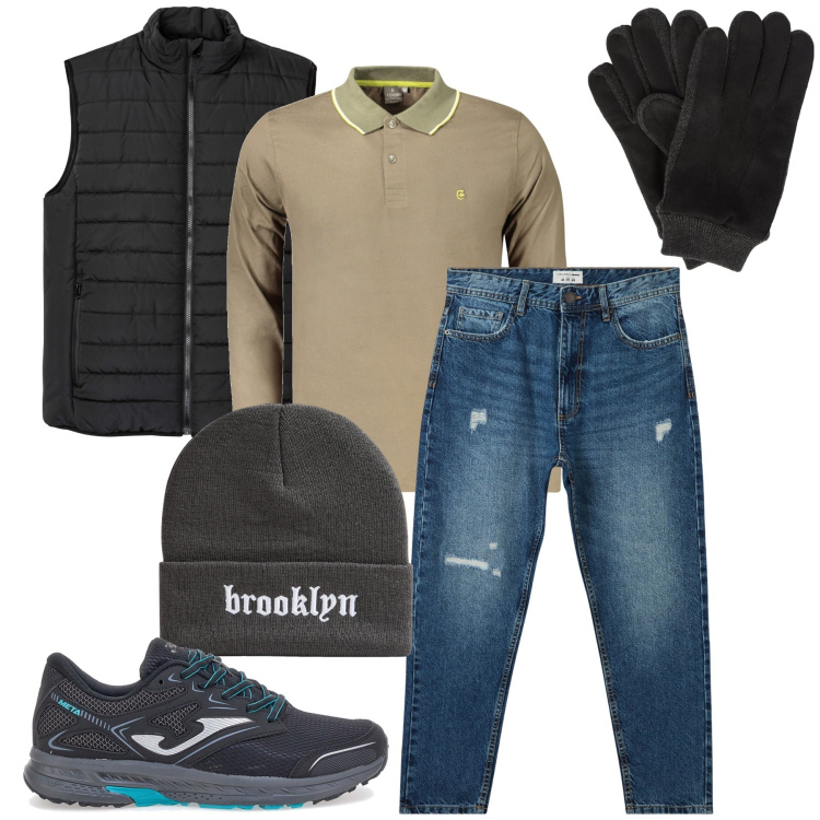 Outfit uomo - La polo marrone. Stile Urban per Tutti i giorni. Abbinamento con gilet, jeans strappati, berretti, sneakers, guanti, polo.