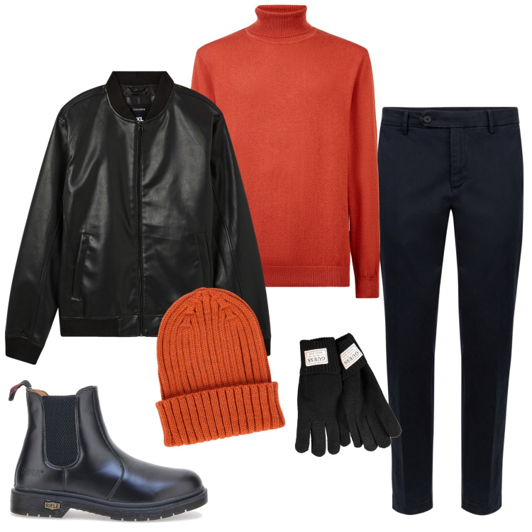 Outfit uomo - In città. Stile Urban per Tutti i giorni. Abbinamento con bomber, maglieria, stivali e stivaletti, berretti, pantaloni chino, guanti.