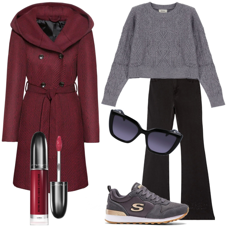 Outfit donna - Una mattina di dicembre. Stile Casual chic per Tutti i giorni. Abbinamento con cappotti, sneakers, rossetti, jeggings, pullovers, occhiali da sole.