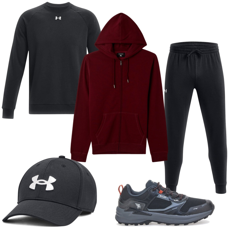 Outfit uomo - Total look #2015386. Stile Casual per Sport. Abbinamento con felpe sportive, scarpe sportive, felpe, cappelli, pantaloni.