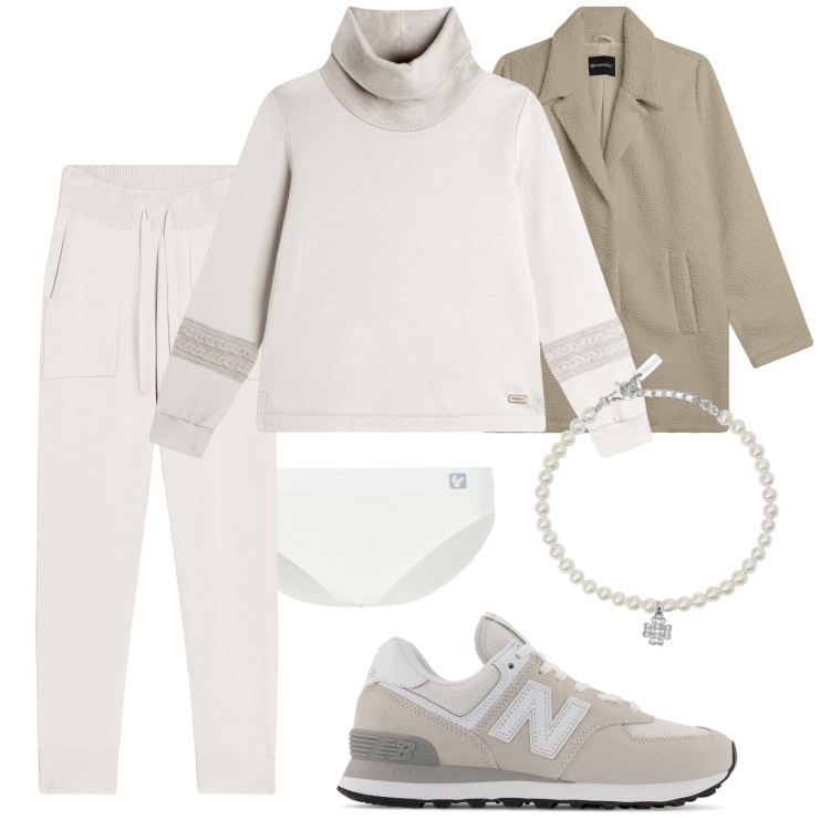 Outfit donna - Chiaro inverno. Stile Casual per Tutti i giorni. Abbinamento con braccialetti con ciondoli, sneakers, pantaloni, cappotti, culotte, felpe.