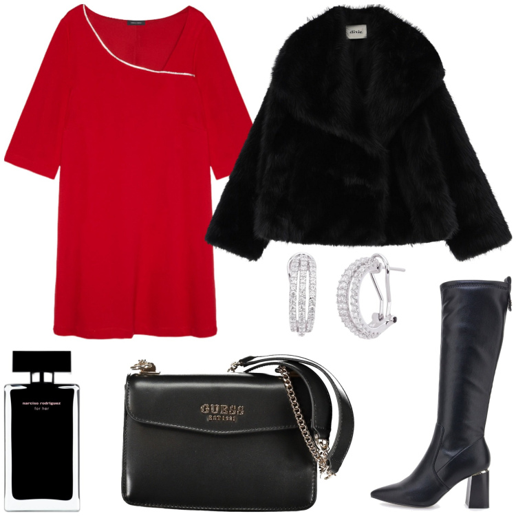 Outfit donna - L\'evento prenatalizio. Stile Chic per Serata fuori. Abbinamento con profumi, orecchini, ecopellicce, vestiti corti, borse a spalla, stivali.