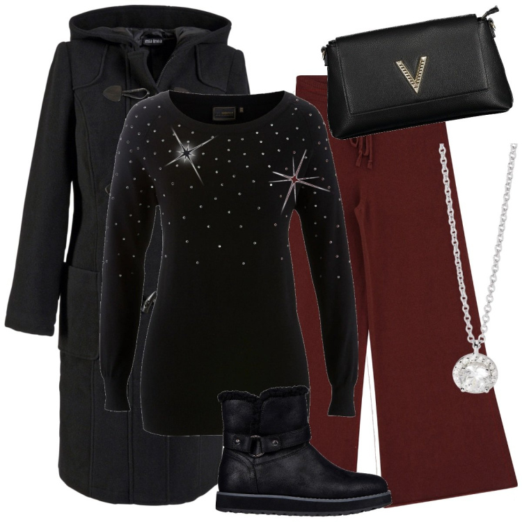 Outfit donna - Sopra la 50. Stile Casual chic per Ufficio. Abbinamento con maglieria, montgomery, collane, pantaloni, stivaletti, borse a tracolla.