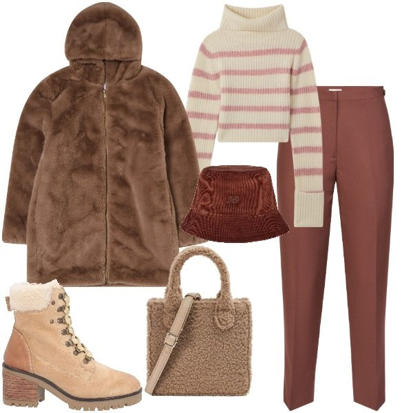 Outfit donna - Tenero abbraccio. Stile Casual per Tutti i giorni. Abbinamento con stivaletti, maglieria, shopping bag, ecopellicce, cappelli, pantaloni.