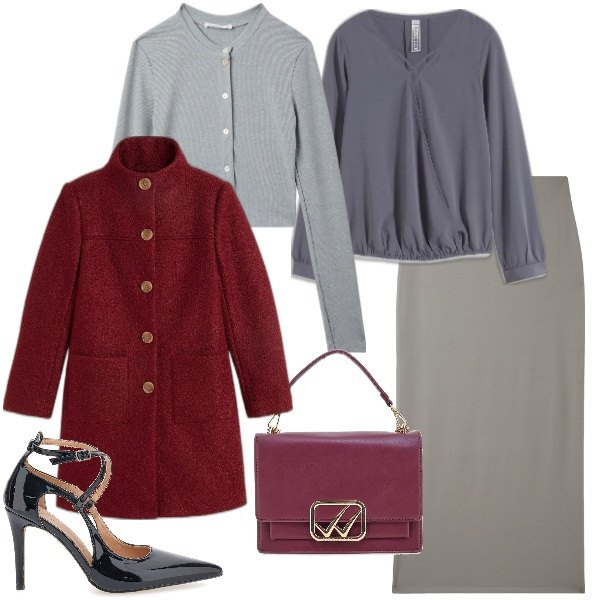 Outfit donna - Grigio e borgundy per le feste. Stile Trendy per Serata fuori. Abbinamento con cappotti, bluse, gonne lunghe, cardigans, borse a tracolla, décolleté.