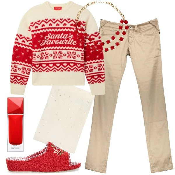 Outfit donna - Xmas at home. Stile Minimal per Tutti i giorni. Abbinamento con profumi, collane, maglieria, pantaloni, pantofole, sciarpe.
